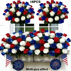 July 4th Outdoor Decor, Floral Decoration - 18-Bundle Patriotic Red, White, and Blue Artificial Flowers, Outdoor Floral Arrangement Suitable for Independence Day, Anniversaries, Memorial Day, for Courtyard Porch, Dining Table, Cemetery Memorial
