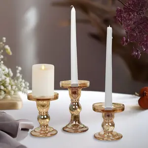 Set of 3 Glass Pillar Candle Holders 3.5", 4.5", 5.5" Amber Gold with Round Tray - Crystal Ball Stem Taper Candlestick Tea Light Stands