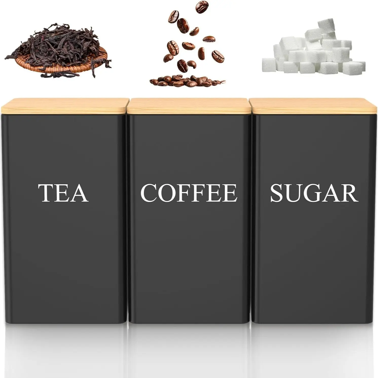 3-Piece Kitchen Storage Jars, Metal Food Container Set, Coffee Beans Tea Sugar Separated, Gift Box with Bamboo Tray, Heavy Duty Canister