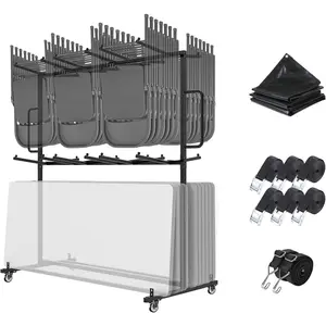Folding Table and Chair Cart,Two Tier Folding Chair and Table Storage Rack with 800LBS Capacity for 84 Folding Chairs Heavy Metal Folding Chair Holder Rack with Rubber Locking Wheels,Straps and Cover