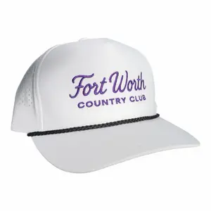 Fort Worth Country Club Waterproof Hat White with TCU Purple Stitch & Black Rope Adjustable Breathable Golf Hat