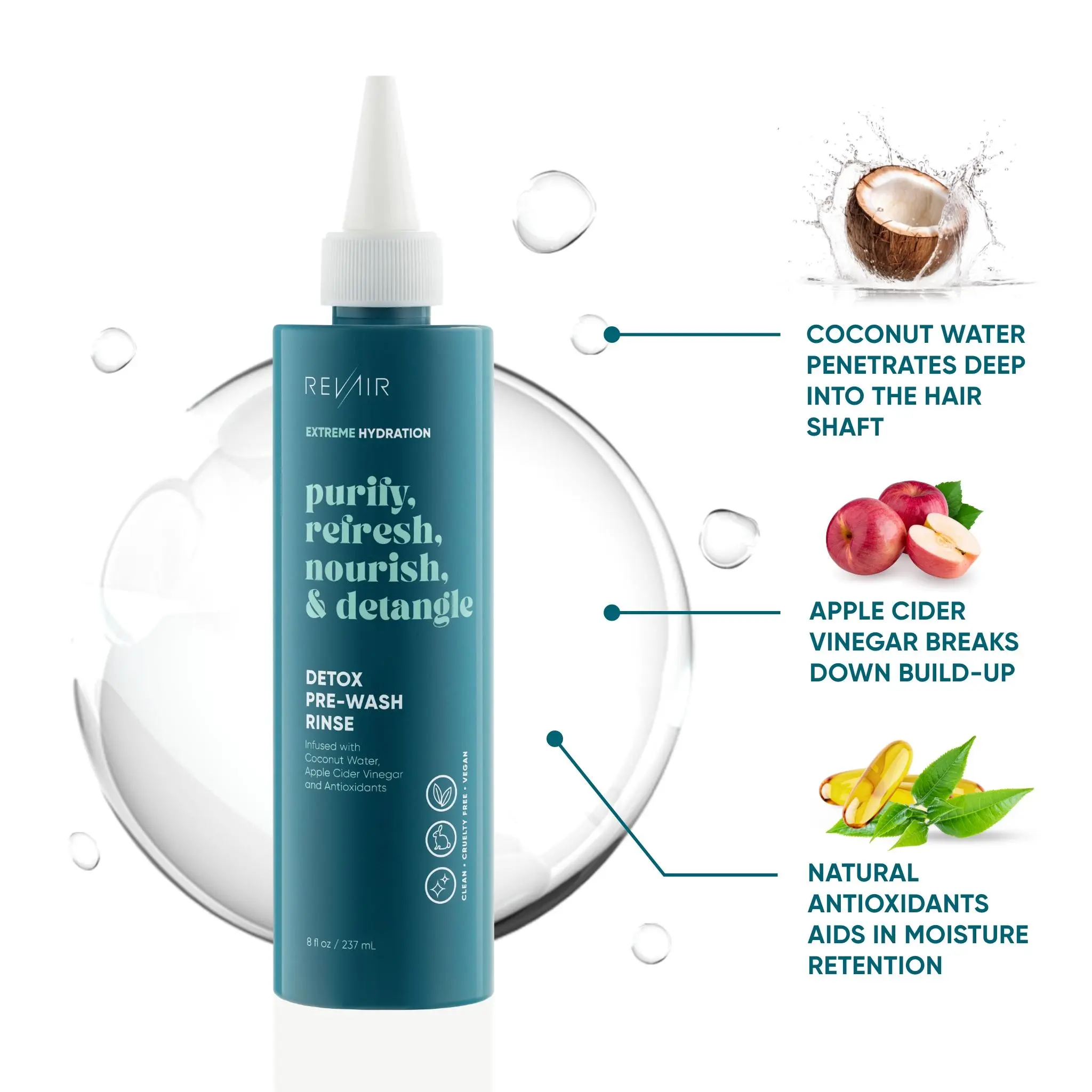 RevAir Extreme Hydration Detox Pre-Wash Rinse with Coconut Water and Apple Cider Vinegar, Nourishing and Cleansing Hair Treatment for All Hair Types