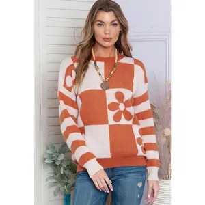 Brown 60s Floral Checkered and Striped Knitted Pullover Sweater