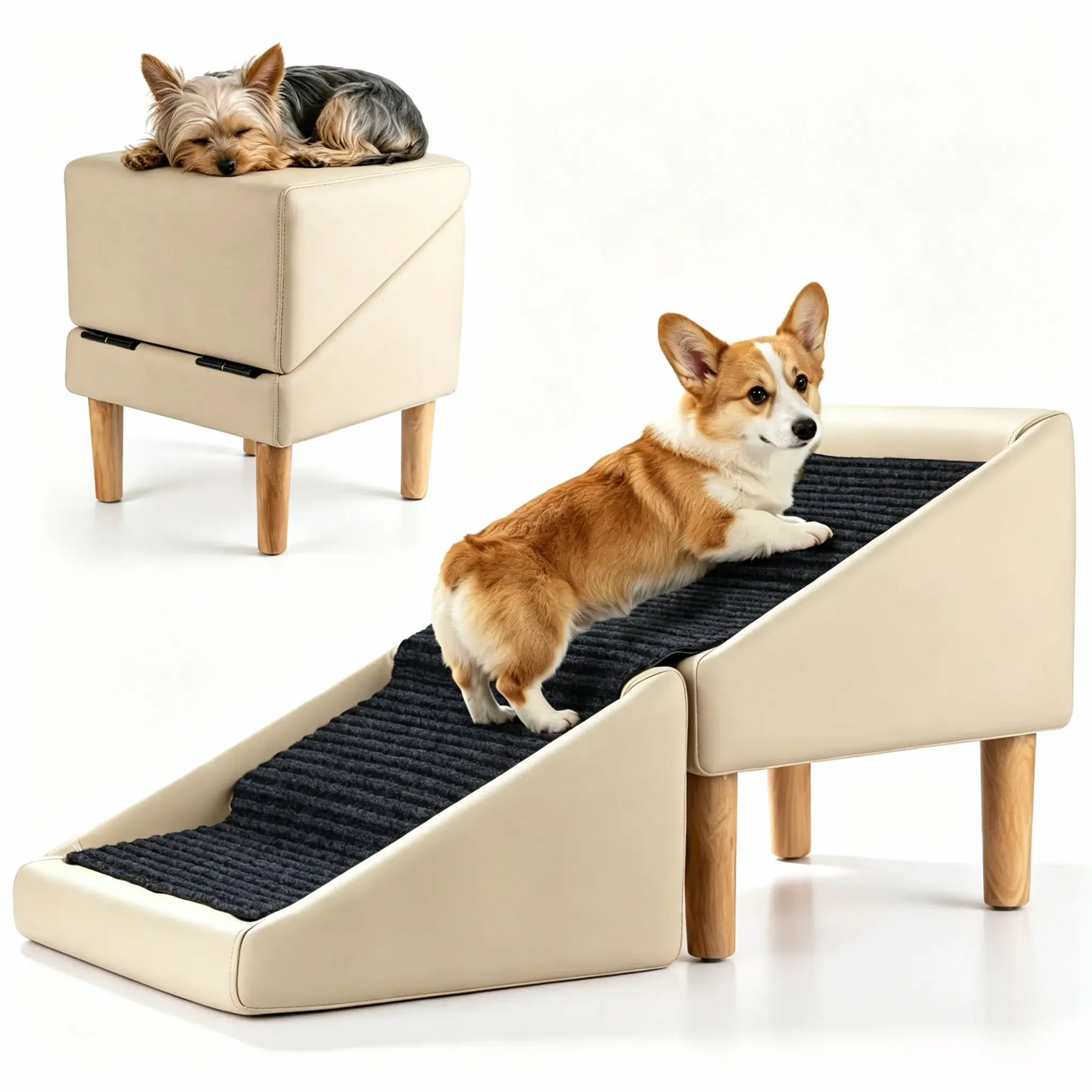 Dog Safety Ramps, Foldable 2-in-1 Wooden Pet Stairs & Steps & Ottoman, Solid Wood Anti-Slip & High-end Leather Material Pet Ramp, Split Ottoman Design, Pet Steps for Puppy Senior Injured Dogs,#SummerVibes #petlovers,dogaccessories