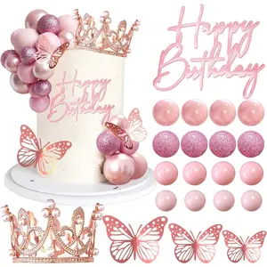 Balls Cake Toppers Happy Birthday Crown Tiara Cake Toppers for Birthday Wedding Baby Shower Party Decorations (Rose Gold Pink)