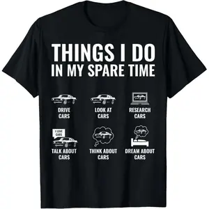 Men's Cotton Oversize Lightweight Casual T-Shirt, Funny "Things I Do In My Spare Time" Car Guy Enthusiast Graphic, Retro Double-Sided Water-Wash Vintage Metalcore Menswear Top