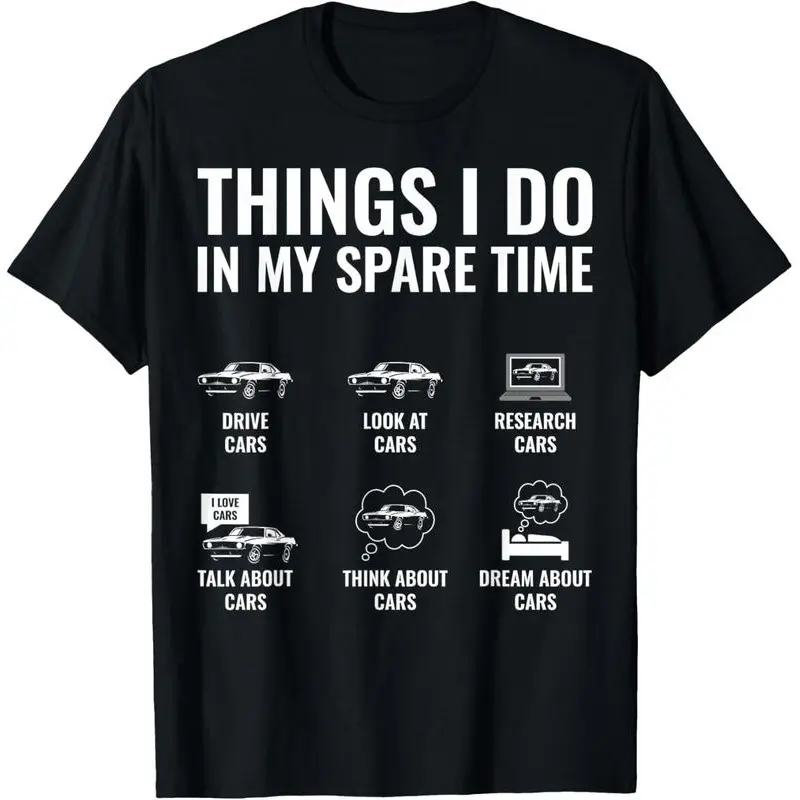 Men's Cotton Oversize Lightweight Short-Sleeve Round-Neck T-Shirt - Funny "Things I Do In My Spare Time" Car Guy Enthusiast Print, Retro Double-Sided Water-Wash Vintage Streetwear Metalcore Top
