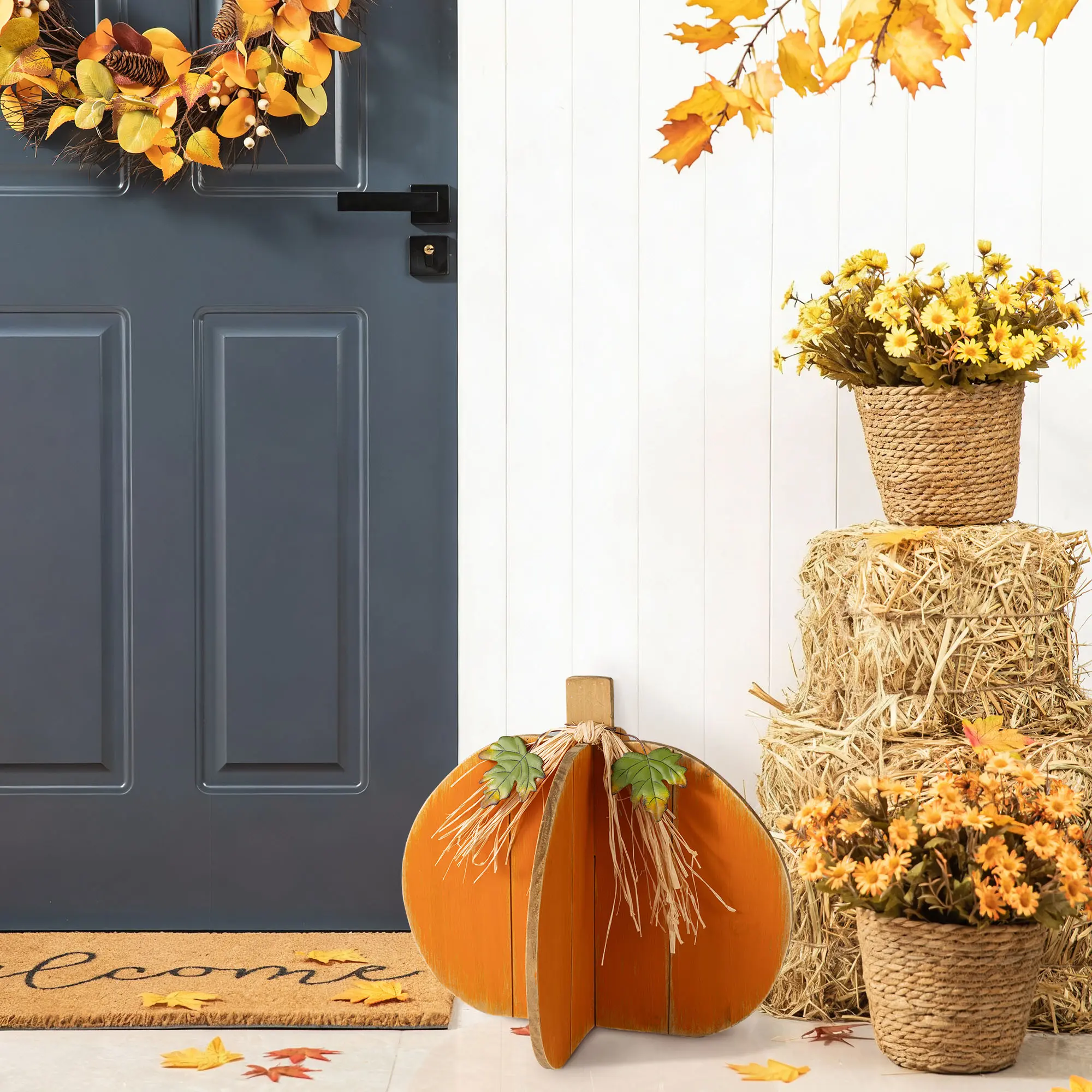 Glitzhome 16"H 18"L Solid Wood Interlocking Pumpkin Porch Decor, Space-Saving Harvest Fall Decor, Festive Accents for Holiday Decorating