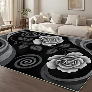 One black-based rose home rug, Living Room Rug, machine-washable and fade-resistant, soft and durable, suitable for holidays and any space area, including hotels, offices, sofas, beside beds, hallways, etc.