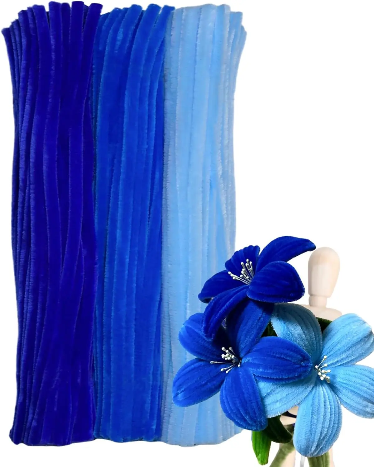 Blue Color Trio Pipe Cleaner Set - 300 count, Thick Fluffy Chenille Stems for Arts & Crafts,  for Making , , and Festive Decorations(12 inches x 0.24 inches)