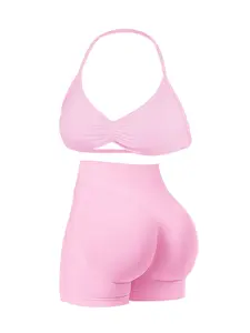 Women's Seamless Halter Backless Sports Bra + High Elasticity Butt Lifting Shorts Set, Breathable Sweatproof Running Suit, Athleisure Wear Set, Workout Sets