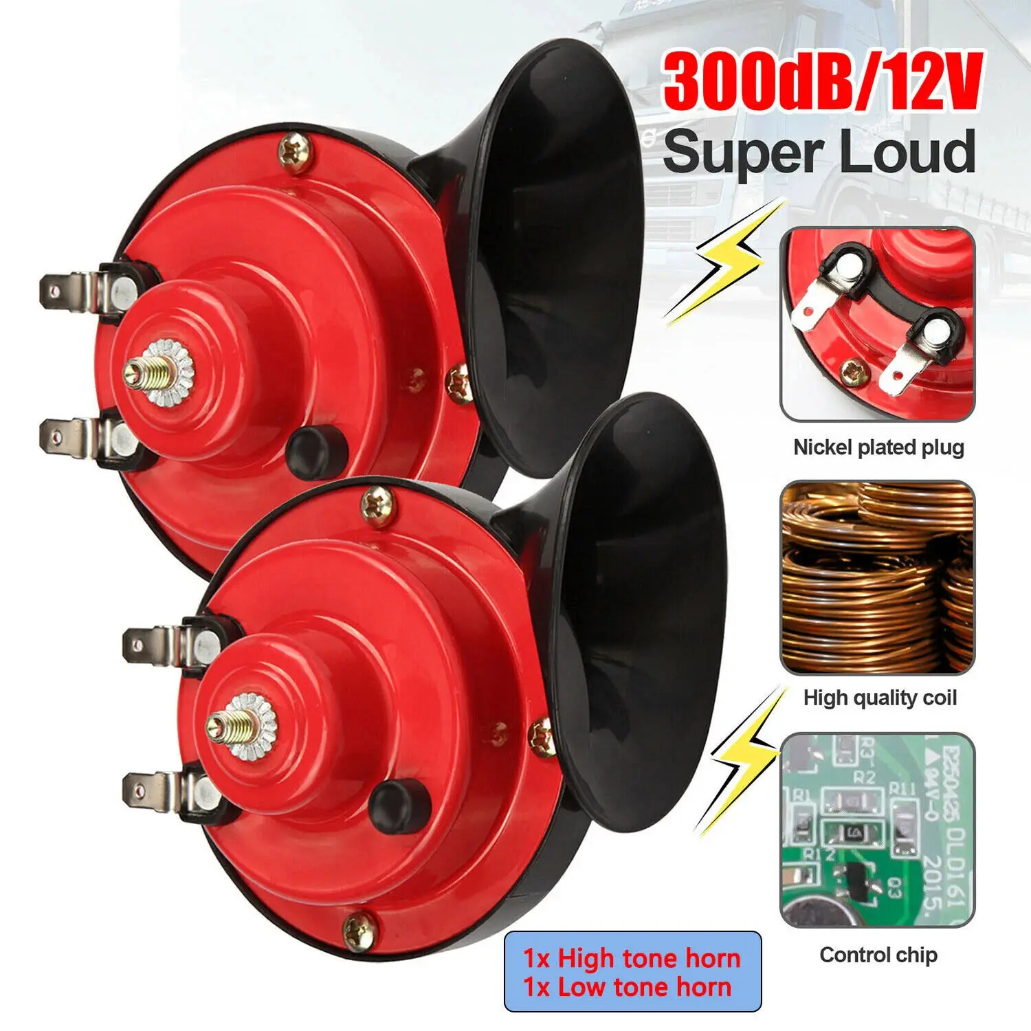 **2PCS 12V 300DB Super Loud Air Horns, Snail Horns for Truck, Car, Boat & Motorcycle**