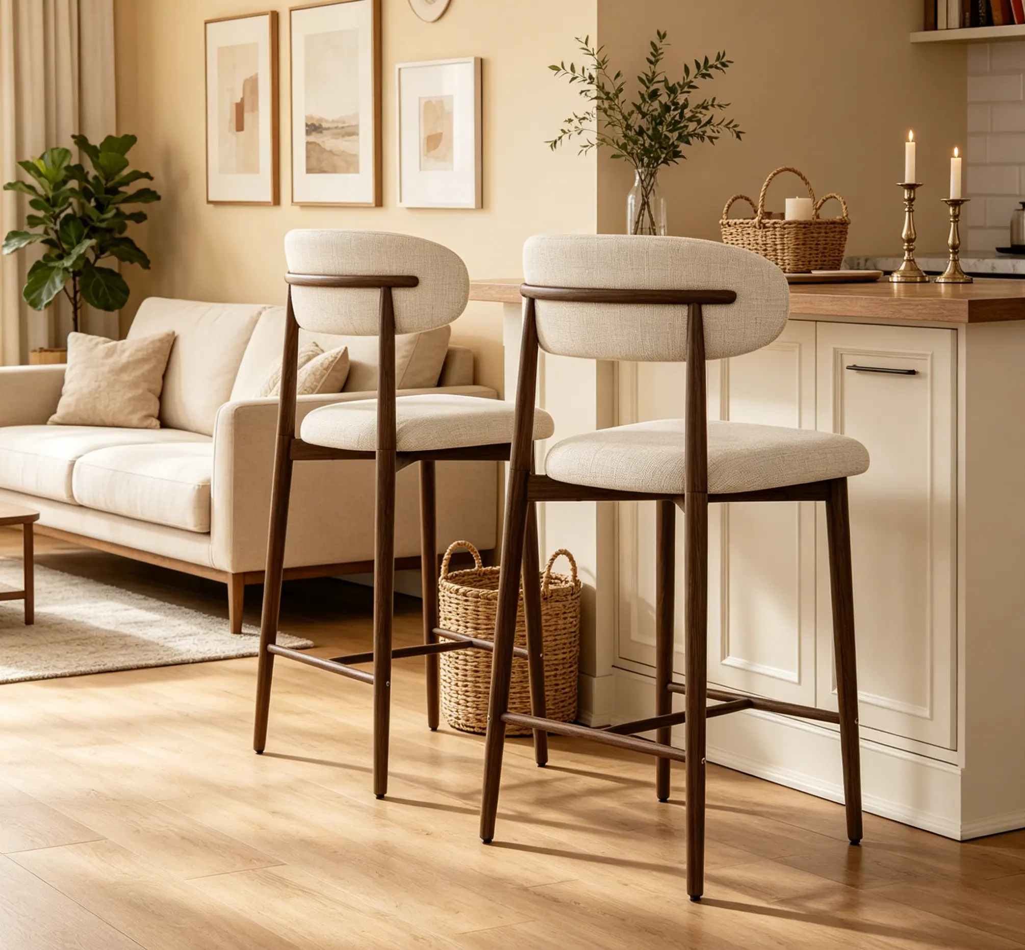 Counter Height Barstools (2-Piece), Modern Linen & Steel Upholstered Home Bar Chairs with Curved Seat Hug, Plush Cushion, Metal Legs for Kitchen Island, Dining Room