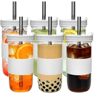 6 Pack 24oz Mason Jar Cups with Lids and Straws, White Boba Cups Set, Glass Drinking Jars for Bubble Tea, Smoothie, Iced Coffee, Complete with Sleeves, Dishwasher Safe Reusable Tumbler