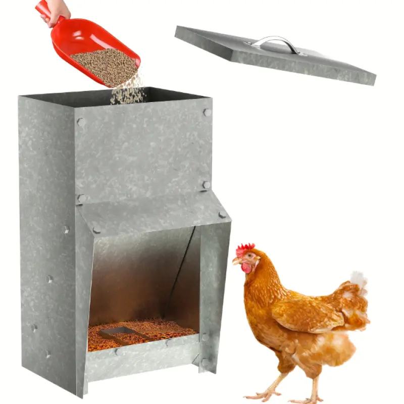 12-30lbs Galvanized Chicken Feeder - Rat Proof Poultry Feeder with Lid Weatherproof Outdoor Coop Food Dispenser