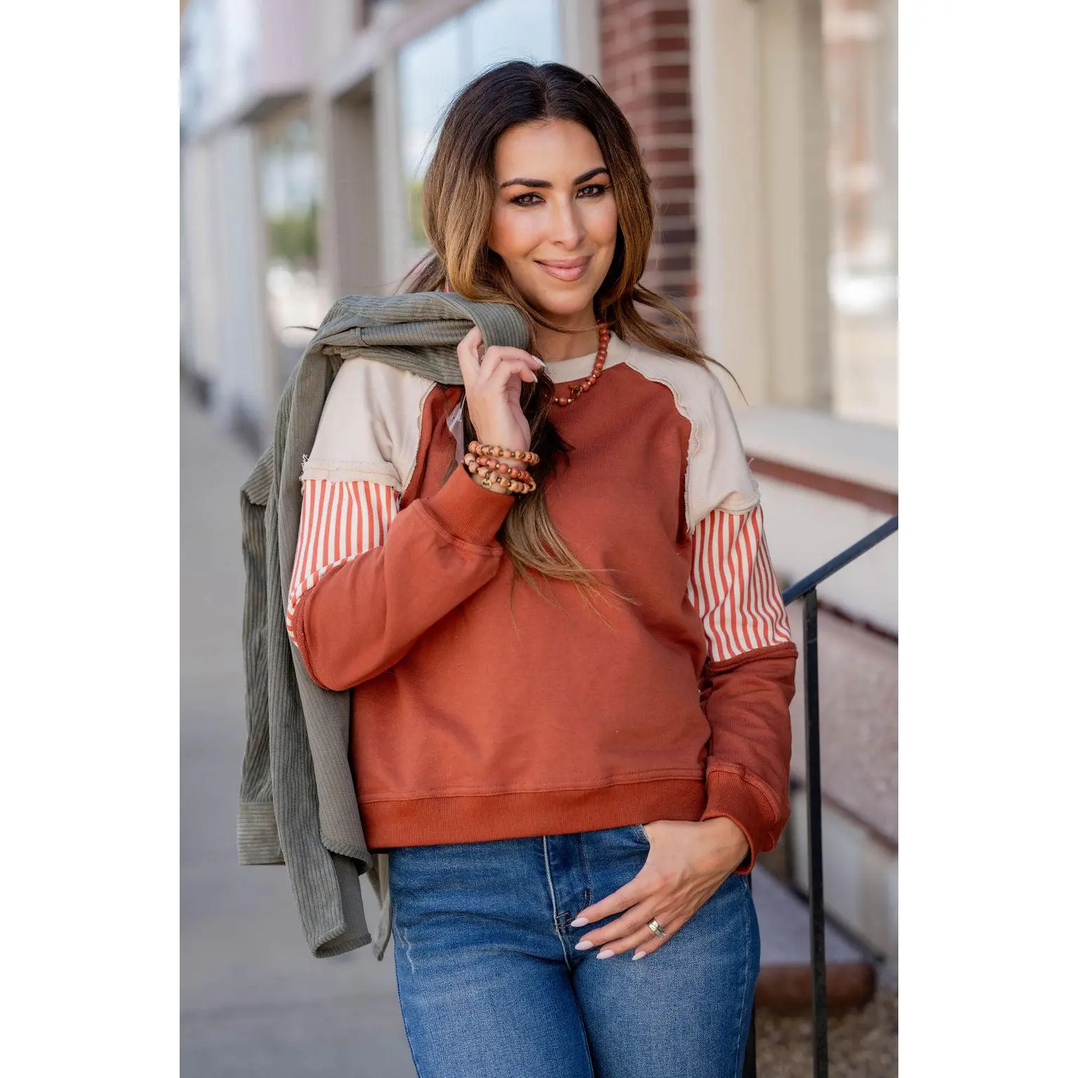 Hint Of Stripes Raw Stitched Crewneck