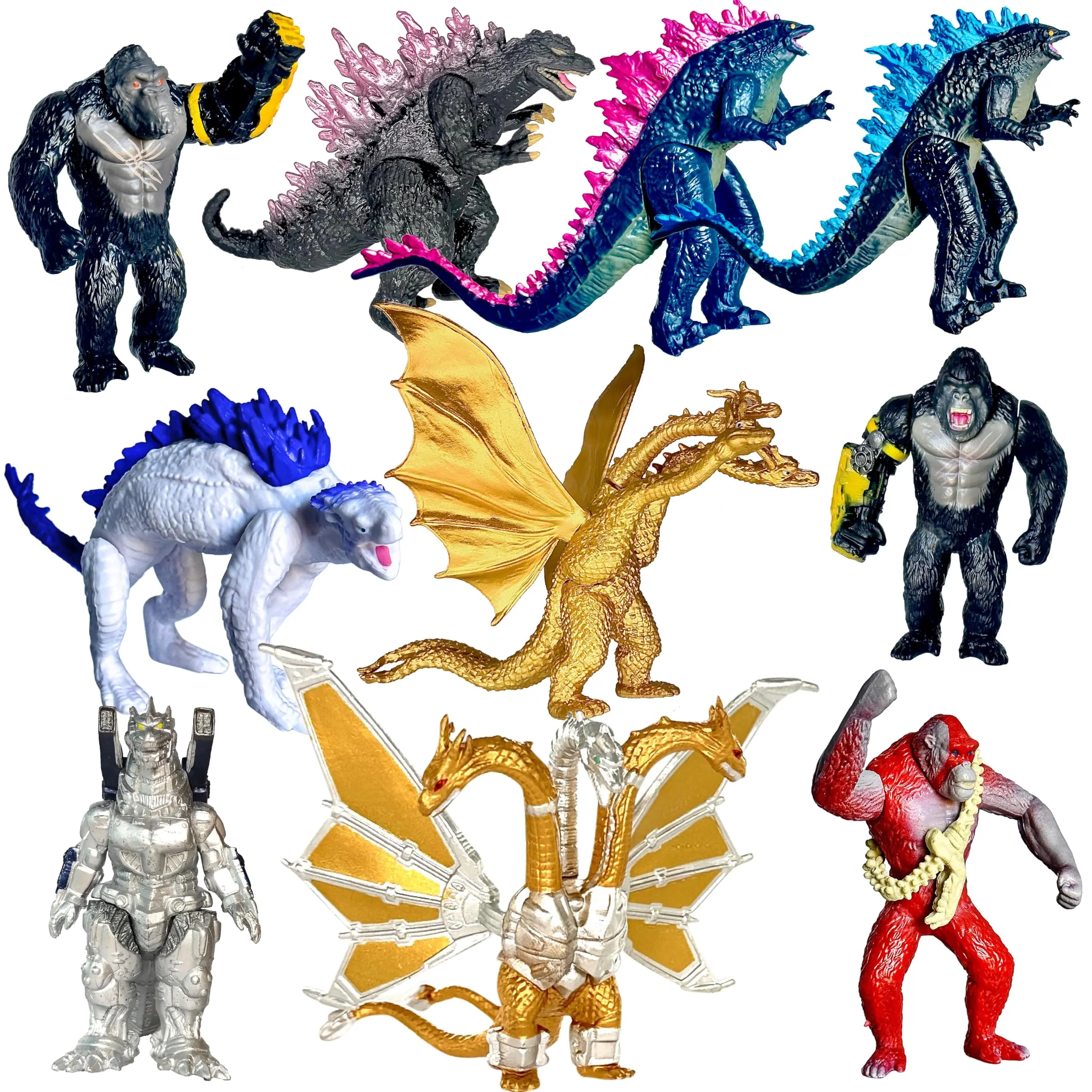 TwCare Exclusive Godzilla vs Kong Toys Movable Joint Action Figures, King of The Monster Dinosaur Shin Ghidorah Skull Crawler Mecha Mechagodzilla Cake Toppers Pack