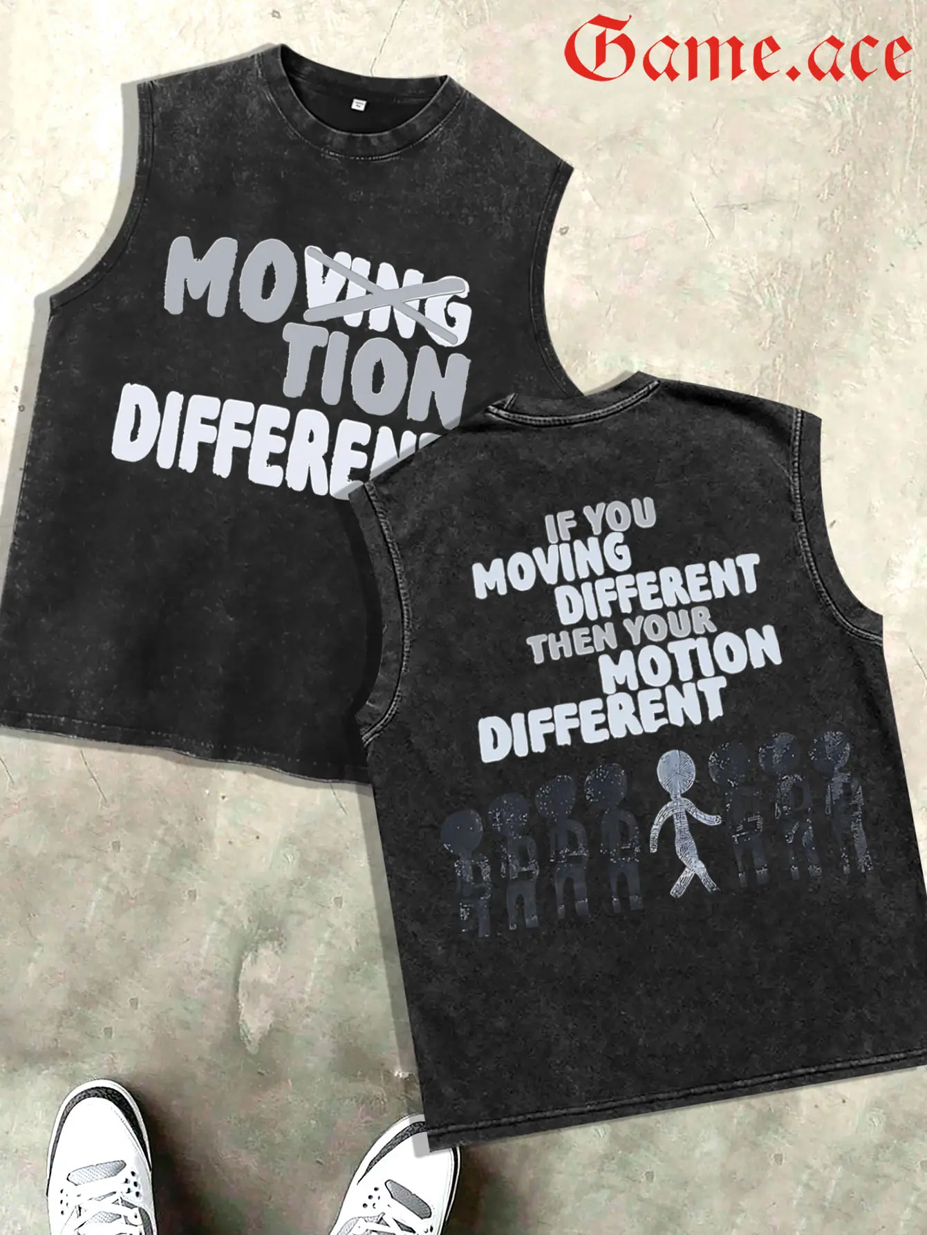 GAME.ACE Retro Washed Black Sleeveless Tank Top, Featuring Bold "Moving Different" Lettering and Unique Silhouette Graphic Print, Casual Streetwear, 100% Cotton Breathable Unisex Vest, Ideal for Daily Wear, Casual Outings