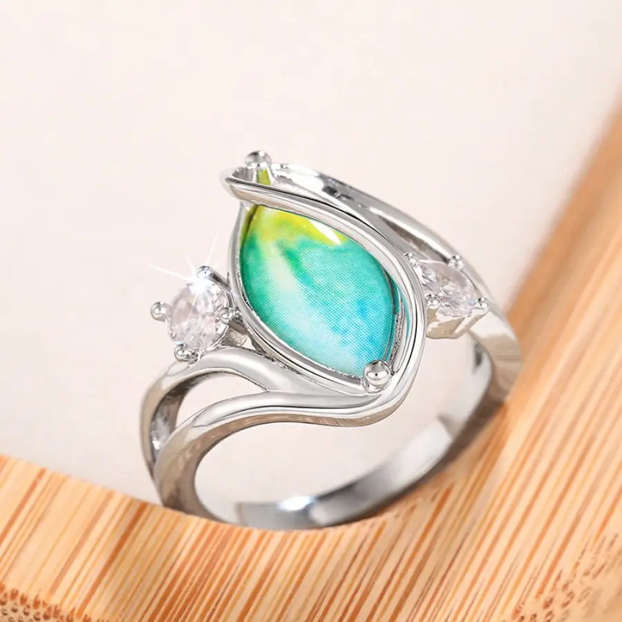 Women's Silver-Plated Color Changing Oval Gemstone Mood Ring - Crystal Accents Alternative Artistic Ring, Fashion Statement Costume Jewelry, Beach Essential with Free Shipping, Mood Rings, Crystal Rings
