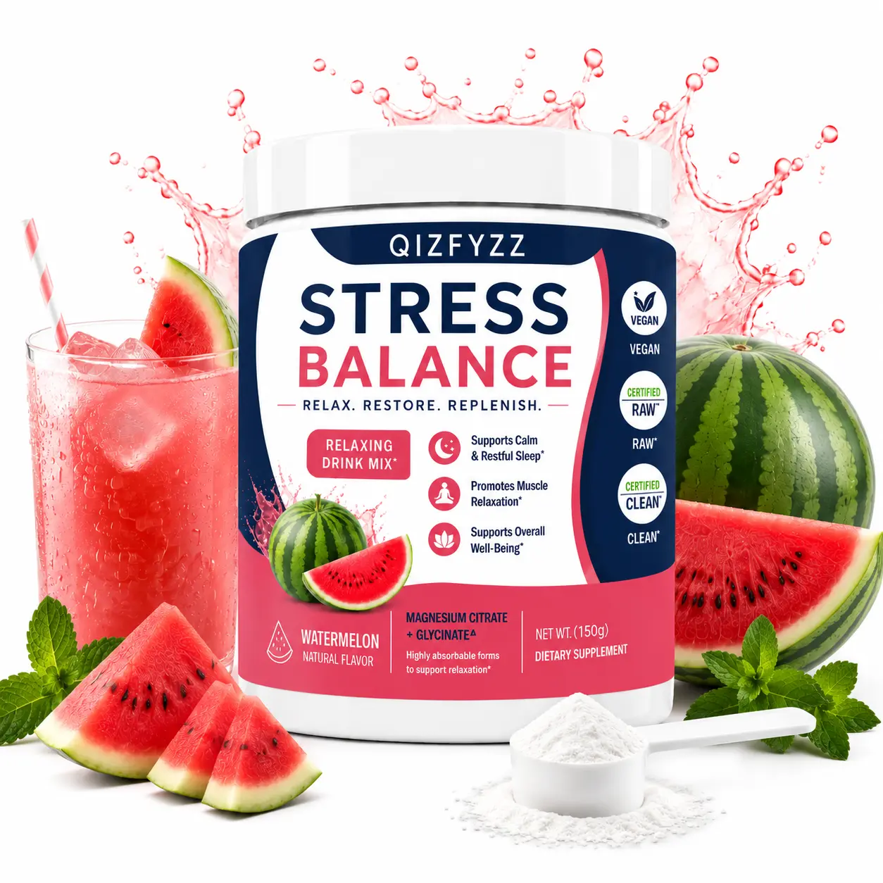 Strawberry-Flavored Relaxing Supplement Powder, 150g - Citrate + Glycinate Magnesium Blend, Easy-Mix Vitamins Beverage for Daily Relaxation Support, Dietary