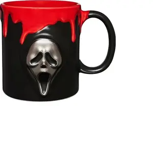 Scream Ghostface Mug - Black Ceramic Coffee Cup with Red Drip Design and 3D Scream Face for Horror Fans Drinkware Reusable