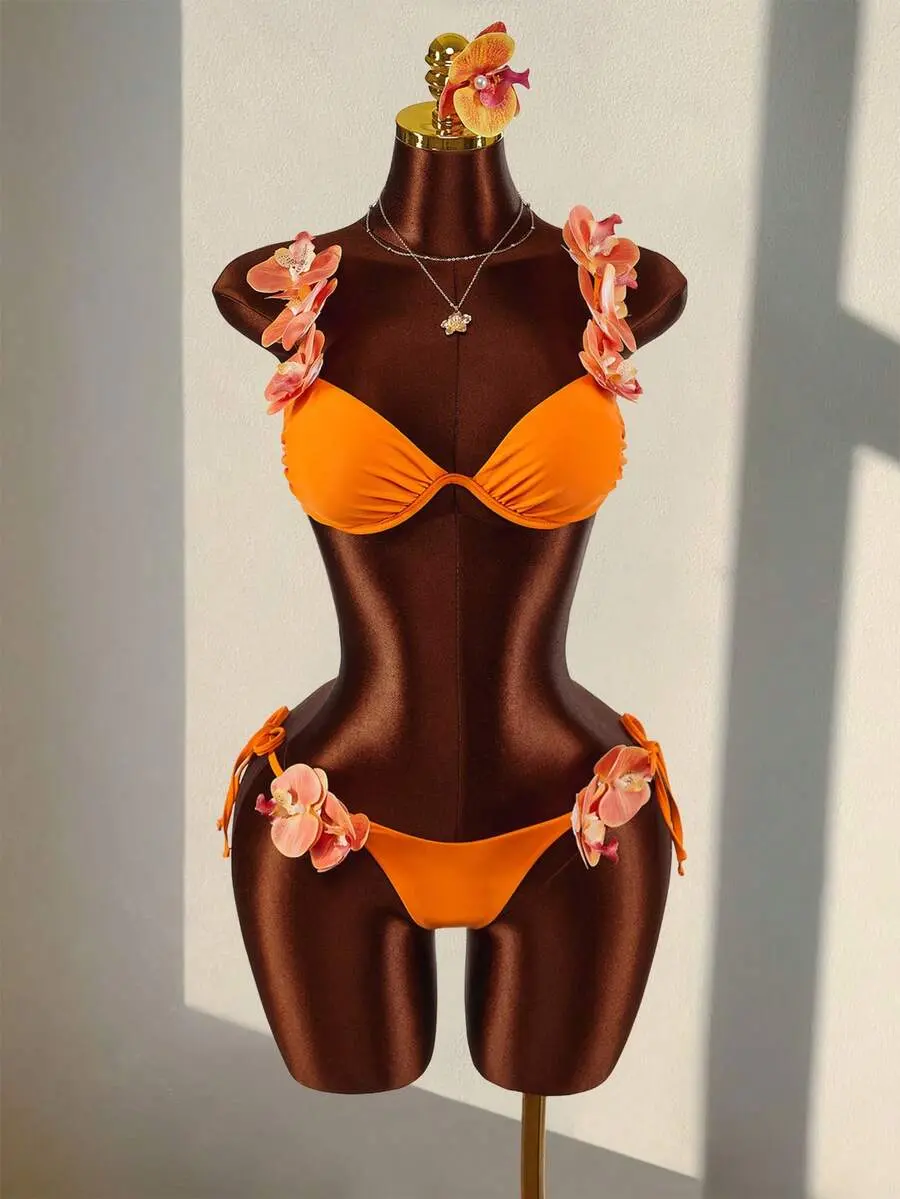 Women's 3D Orchid Flower Swimwear, & Avant-Garde, Suitable For Spring/Summer Beach, Vacation, Date, Party, Bikini Set Spring Clothes Women