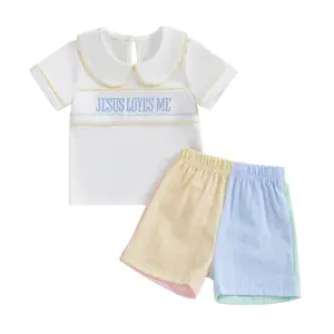 Babamoon Toddler Baby Boys Girls Christian Outfits Set Letter Jesus Loves Me Embroidery Short Sleeve Doll Collar Tops T shirt Contrast Color Shorts Clothes Set
