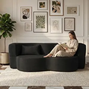 SZLIZCCC Modern Floor Sofa with 2 Pillows,Convertible Teddy Fabric Foam-Filled Sleeper Sofa Bed,13" Full Size Folding Mattress for Living Room,Guest Bed,Playroom,no assembly required,BLACK