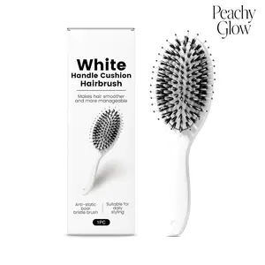 Peachy Glow White Handle Cushion Hairbrush with Boar Bristle for Smoother Manageable Hair Anti-static Ergonomic Design Ideal for Daily Styling