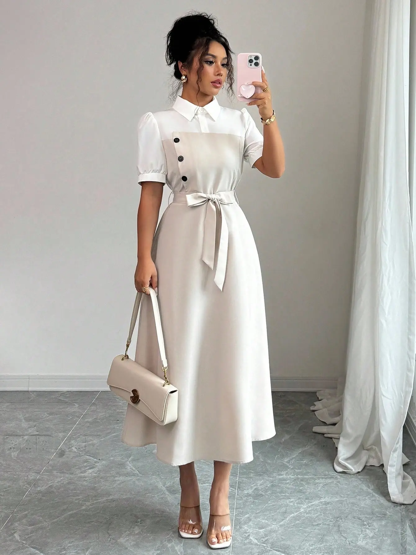 Women’s Color Block Shirt Dress - Elegant Mid Length Collared Dress for Vacation, Office, Business Casual & Summer Daily Wear,