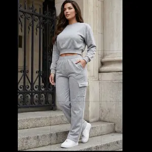 Women's Lady 2-Piece Basic Minimalist Long Sleeve Gray & Espresso Sweatshirt & Sweatpants Suits - Soft, Cozy Fresh Fabric Lounge Wear Top & Pants Set