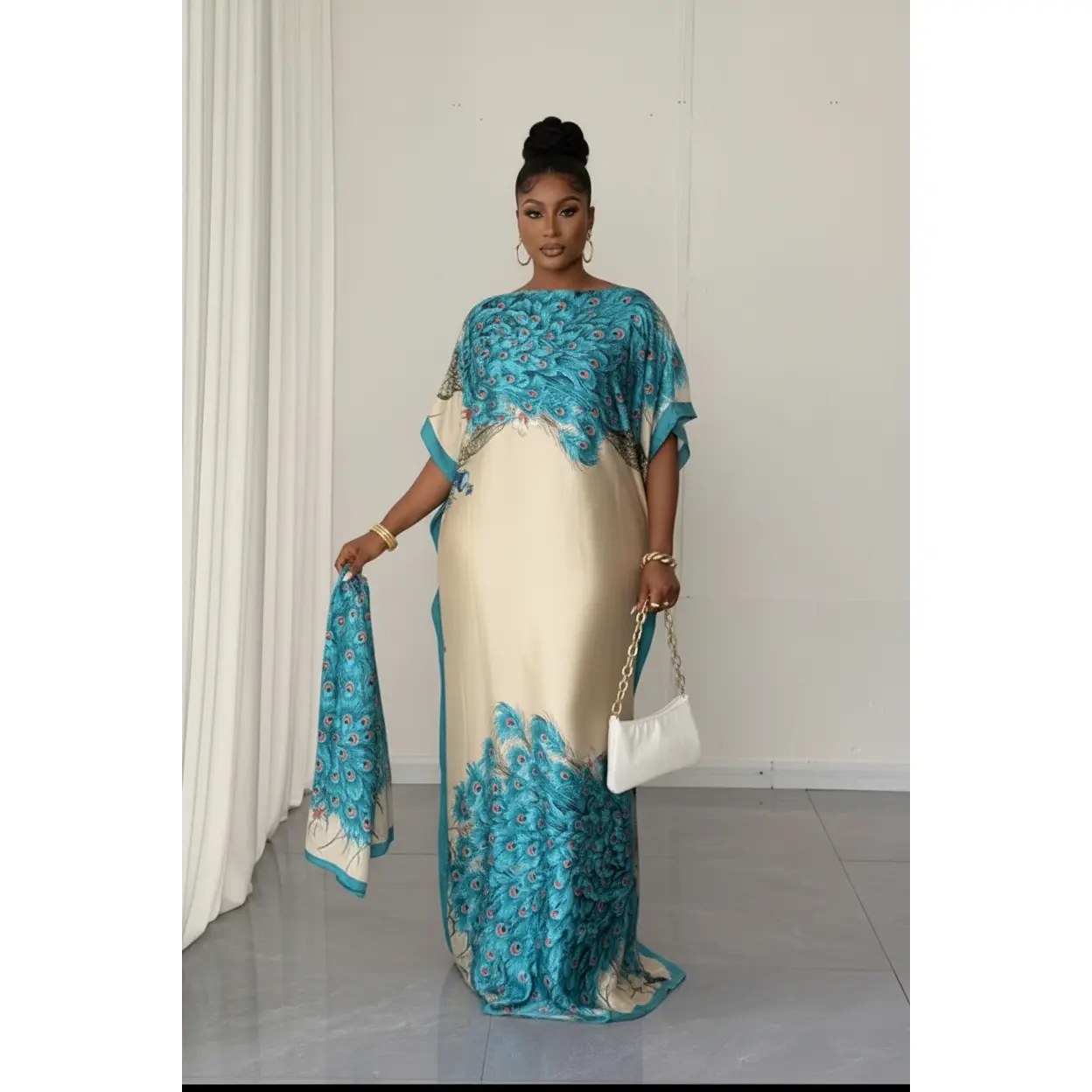 Peacock Print Kaftan Boubou – Ivory & Turquoise
