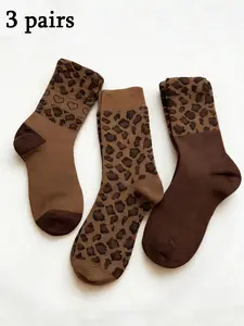 3 Pairs Women's Leopard Print Heart Pattern Knee High Socks, Fashionable Comfort Soft Casual, Perfect for Daily, Sports, Parties, Home, College Style