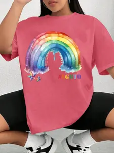 LGBTQ+ Plus Size Rainbow & Letter Print Round Neck Tee, Casual Drop Shoulder Short Sleeve T-shirt, Women Plus Clothing for Summer