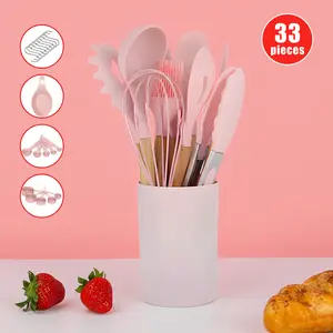 33-Piece Silicone Kitchen Utensils Set Non-Stick Heat Resistant Cookware with Wooden Handles Chef Cooking Tools & Gadgets Including Spoons Spatula Blenders Clips Brushes & Storage Rack Gift for Daily Use Housewarming Lovers and Cooks Handles Wooden