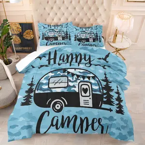Happy Camper Pattern Quilt, containing 1 quilt and 1 or 2 core-free pillowcases, suitable for home or dormitory decoration, Soft Bedding, Creative Home Bedding, Quilt Bedding Set