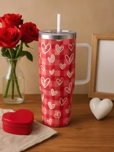 Valentine Plaid Heart Pattern 40oz Stainless Steel Tumbler with Handle and Straw Insulated Double Wall Vacuum Travel Mug for Hot Cold Drinks Romantic Gift for Women Wife Girlfriend