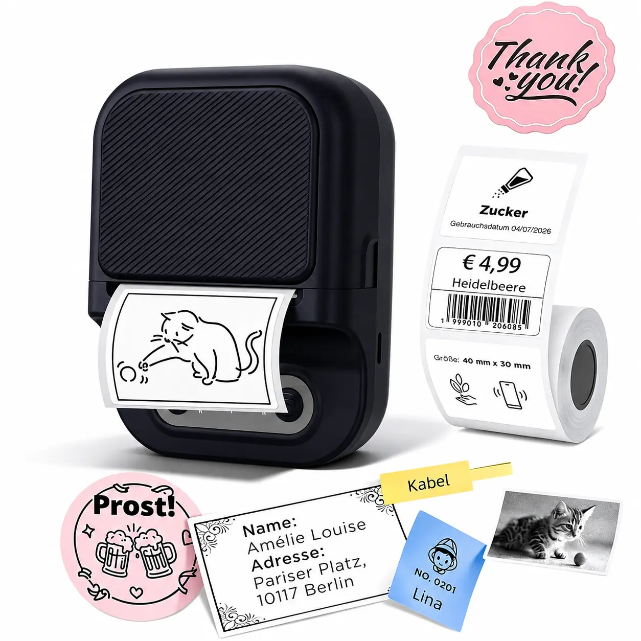 ZRZTM Mini Inkless Portable Bluetooth Thermal Pocket Printer - USB-C Rechargeable Shipping Label Maker, 203 DPI, App-Controlled for iOS/Android, 1 Roll Paper, Lightweight, Compact Form, Labels for Home Organization