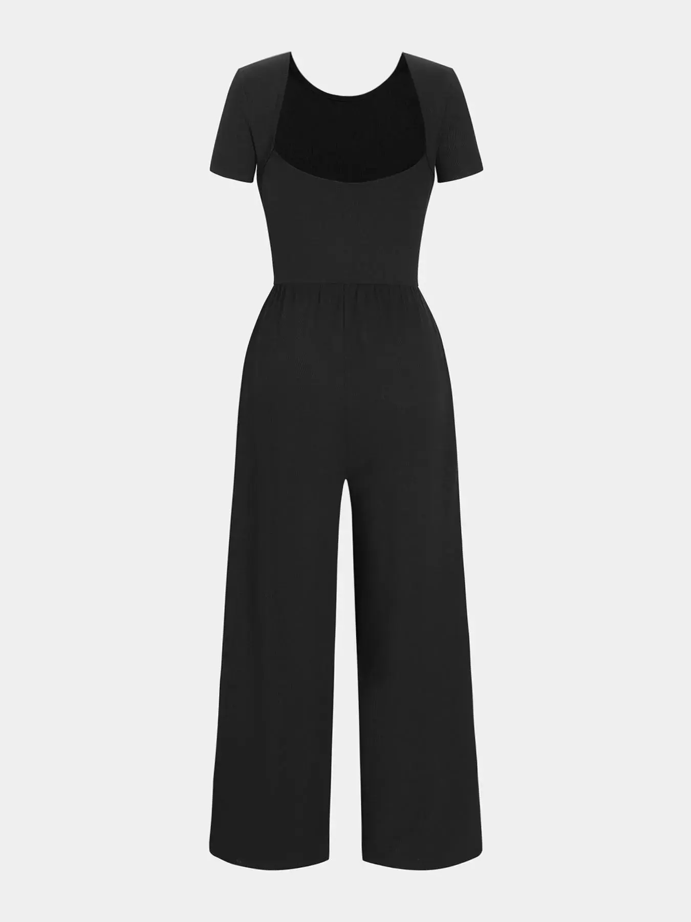 YOZY Women's Summer Outfits 2024 Ribbed Backless Wide Leg Jumpsuit, Casual Round Neck Short Sleeve Jumpsuit, Women's Clothes for Daily Wear