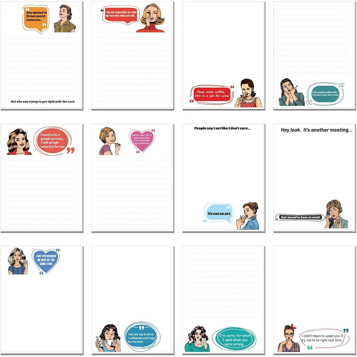 12-Count Humor Sticky Notebooks, 3x4 in Sarcastic Memo Pads (30 Sheets Per Pad, Cute) for Coworkers, Office Adult Work Gifts, Office Stationery Supplies