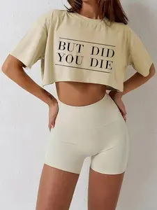 Women's Letter Print Drop Shoulder Crop Tee, Summer Clothes Women, Casual Short Sleeve Round Neck T-Shirt for Summer, Graphic Tees, Ladies Clothes for Daily Wear, Funny Graphic Tees, Casual Comfy Tee