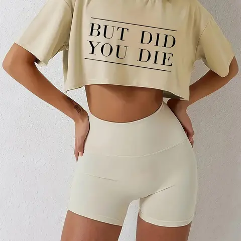Women's Letter Print Drop Shoulder Crop Tee, Casual Letter Pattern Summer Clothes Women, Casual Short Sleeve Round Neck T-Shirt for Summer, Graphic Tees, Ladies Clothes for Daily Wear, Funny Graphic Tees