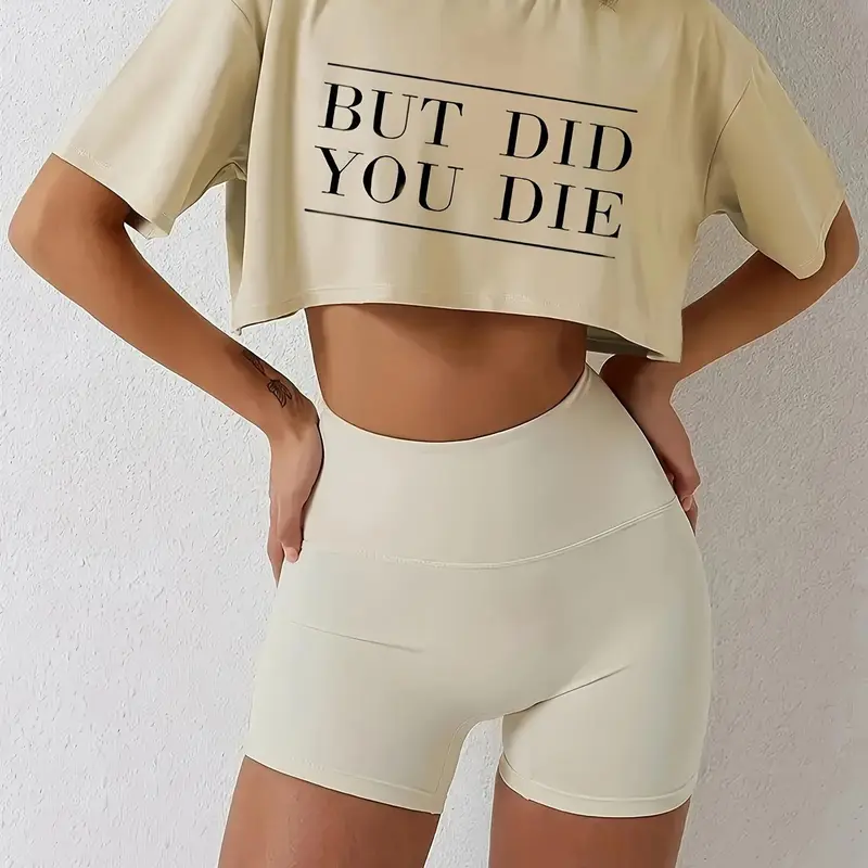 Women's Letter Print Drop Shoulder Crop Tee, Casual Letter Pattern Summer Clothes Women, Casual Short Sleeve Round Neck T-Shirt for Summer, Graphic Tees, Ladies Clothes for Daily Wear, Funny Graphic Tees