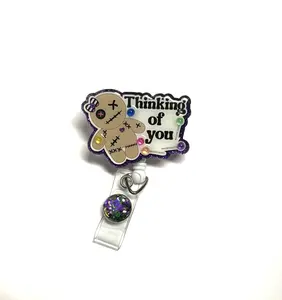 Thinking of You Badge Reel, 2”, Voodoo Doll, Retractable Swivel Alligator Clip