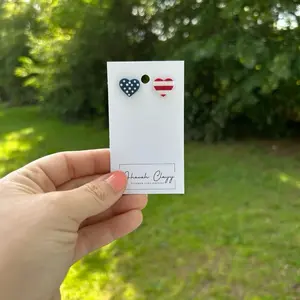 Red white and blue polymer clay heart studs with hypoallergenic stainless steel posts