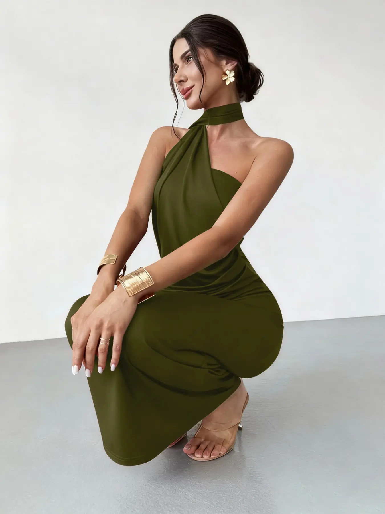 Women's Plain Ruched Halter Dress, Elegant Backless Formal Evening Party  Gown, Ladies Clothes for All Seasons - TikTok Shop