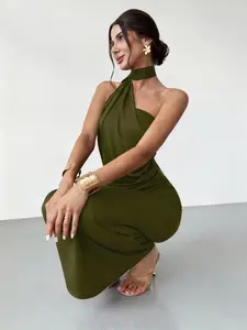 Women's Plain Ruched Halter Dress, Elegant Backless Evening Party Gown, Ladies Clothes for All Seasons