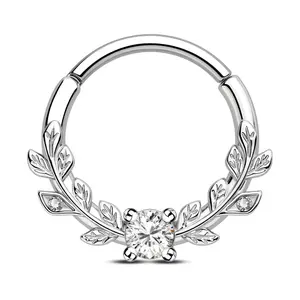 16G Symmetrical Leaves Clear CZ Septum & Daith Ring
