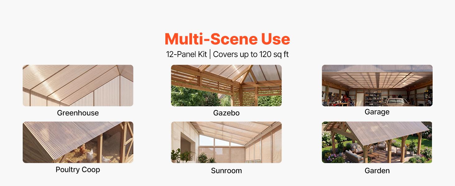 VEVOR Roof Panels, 12Pcs Polycarbonate Roofing Panels Double Layer, High Impact Corrugated Plastic Greenhouse Replacement Cover, Waterproof for Gazebos, Chicken Coops, Home, Garden (5' x 2' x 0.24")