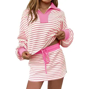 Beotyshow Womens Striped 2 Piece Outfits Casual Sweatshirt Skirt Set Long Sleeve Skort Workout Set Matching Lounge Sets